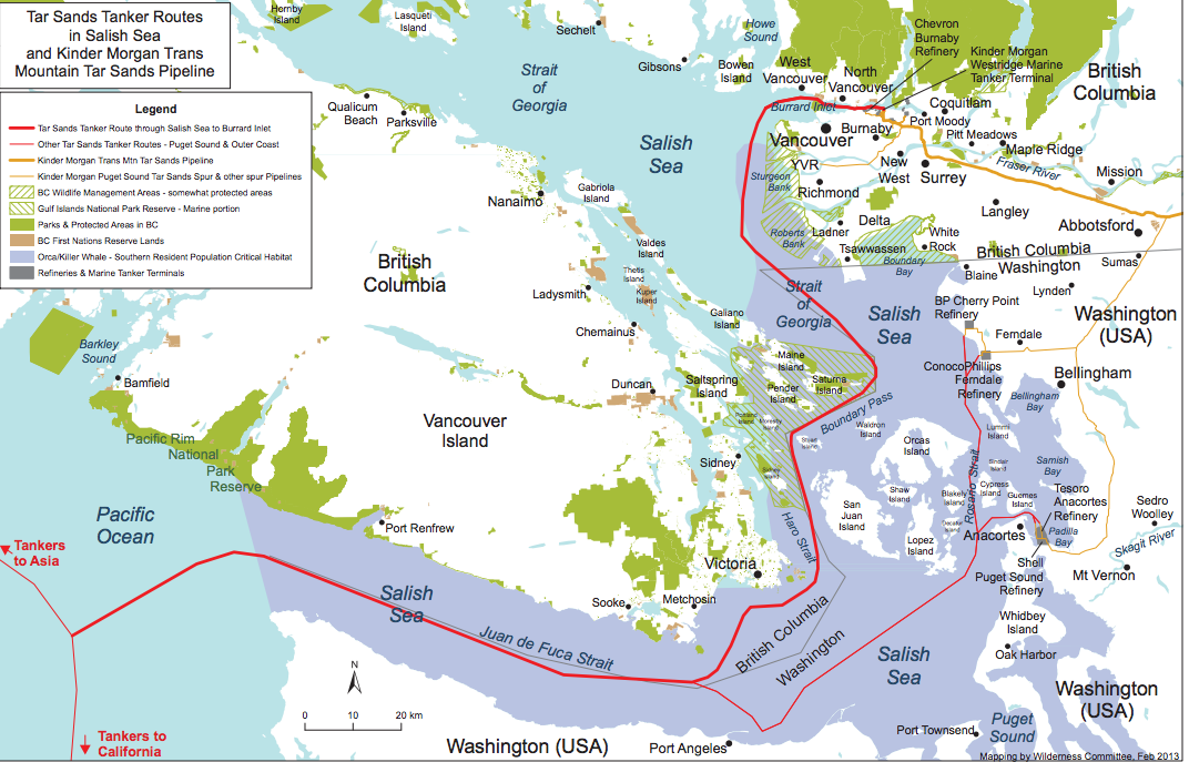 Figure 1: Red line is the tanker route. Purple area is acknowledged critical habitat for the endangered southern resident killer whale population. Click to enlarge. Source: www.wildernesscommittee.org/kinder_morgan_pipeline_route_maps 